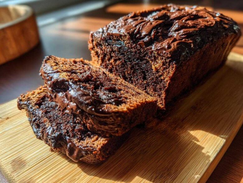 A dark, rich loaf of hot fudge brownie bread with two slices cut, sitting on a wooden cutting board.