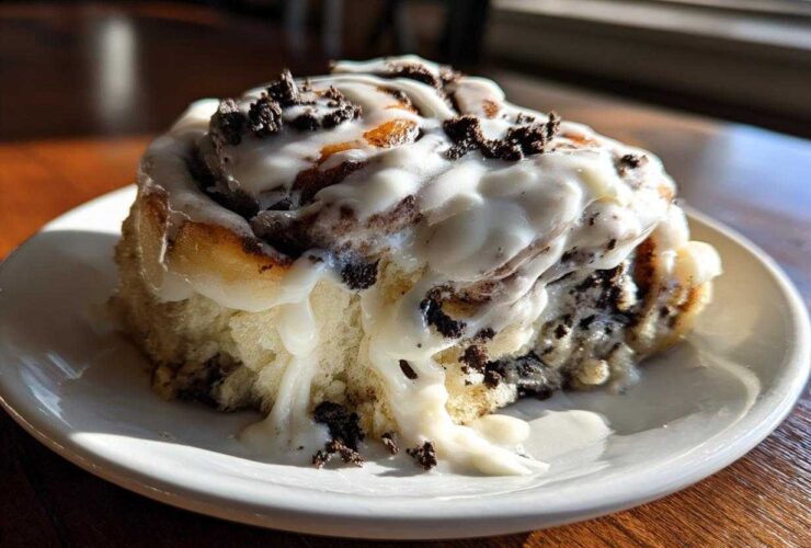 Close-up of a single, gooey oreo cinnamon rolls slice covered in white icing and chocolate cookie crumbles.