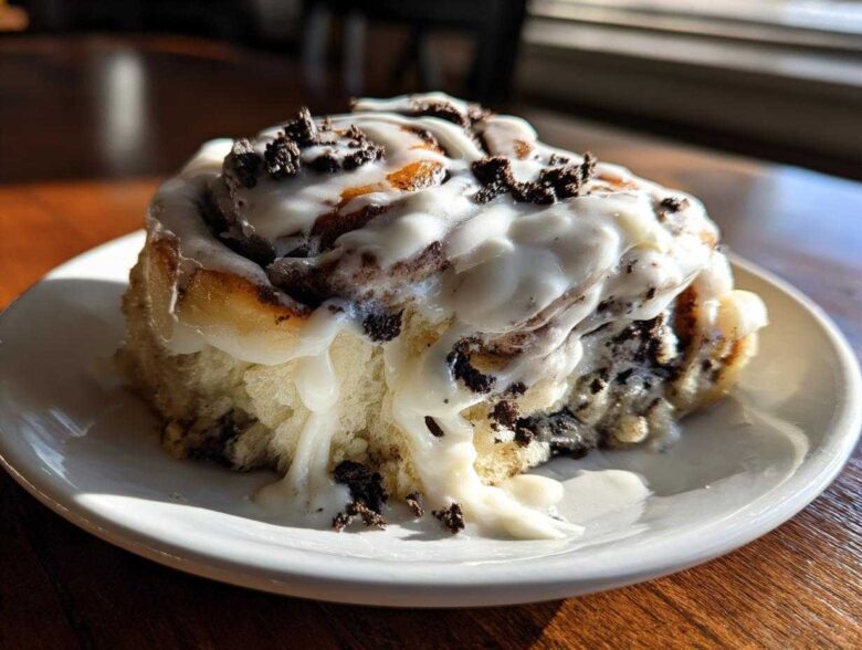 Close-up of a single, gooey oreo cinnamon rolls slice covered in white icing and chocolate cookie crumbles.