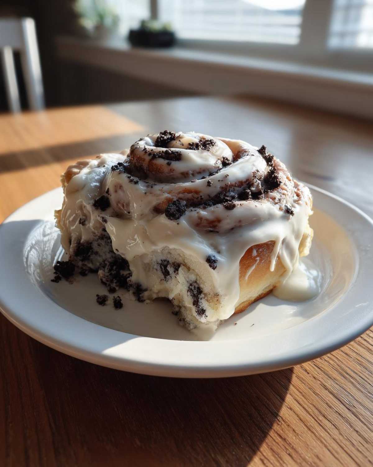 A single, decadent oreo cinnamon rolls covered in thick white icing and crushed cookie pieces, sitting on a white plate.