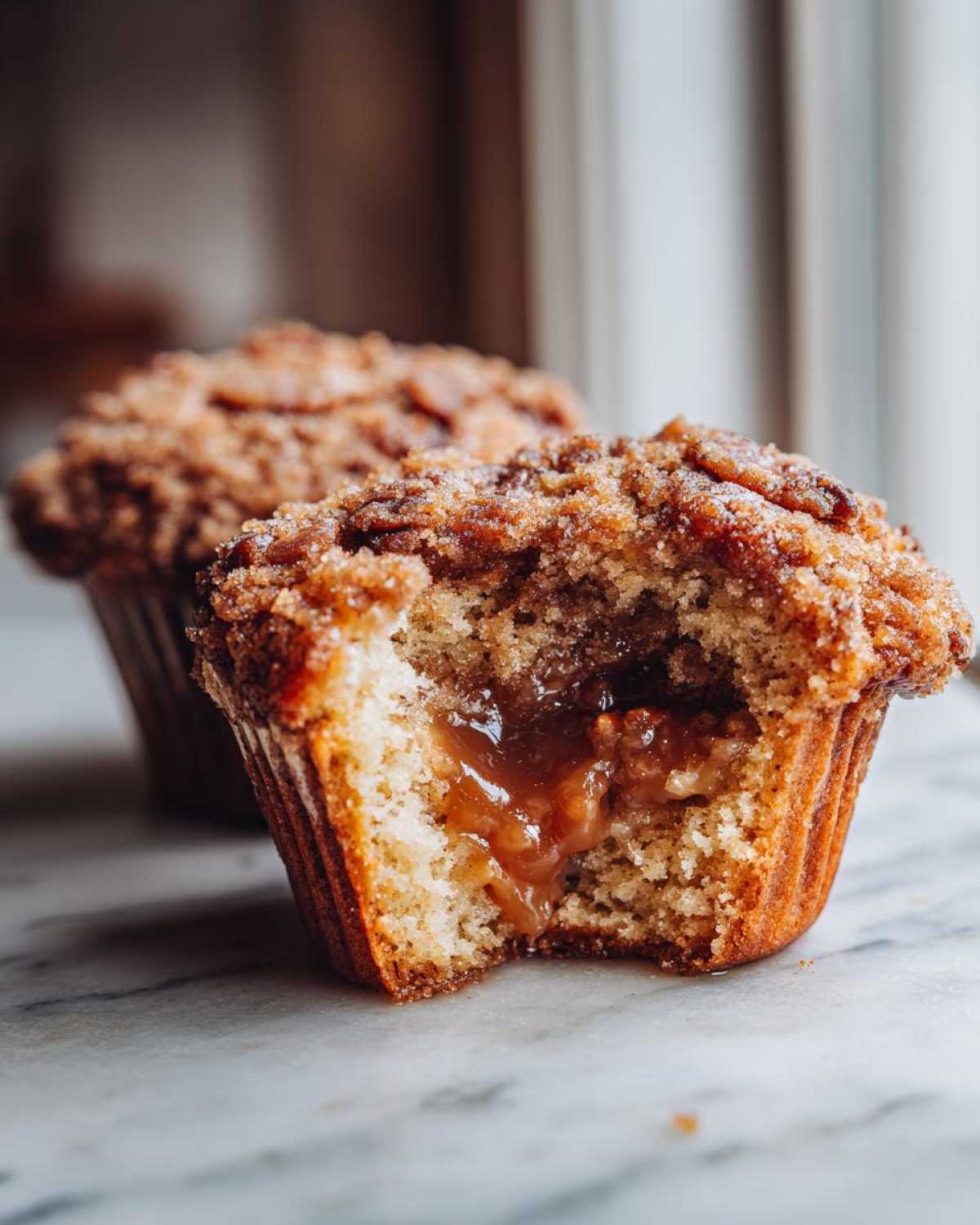 Close-up of a pecan pie muffins with a bite taken out, showing gooey caramel filling inside.