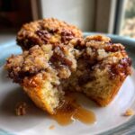 Close-up of a pecan pie muffin split in half revealing a gooey caramel center dripping onto a plate.
