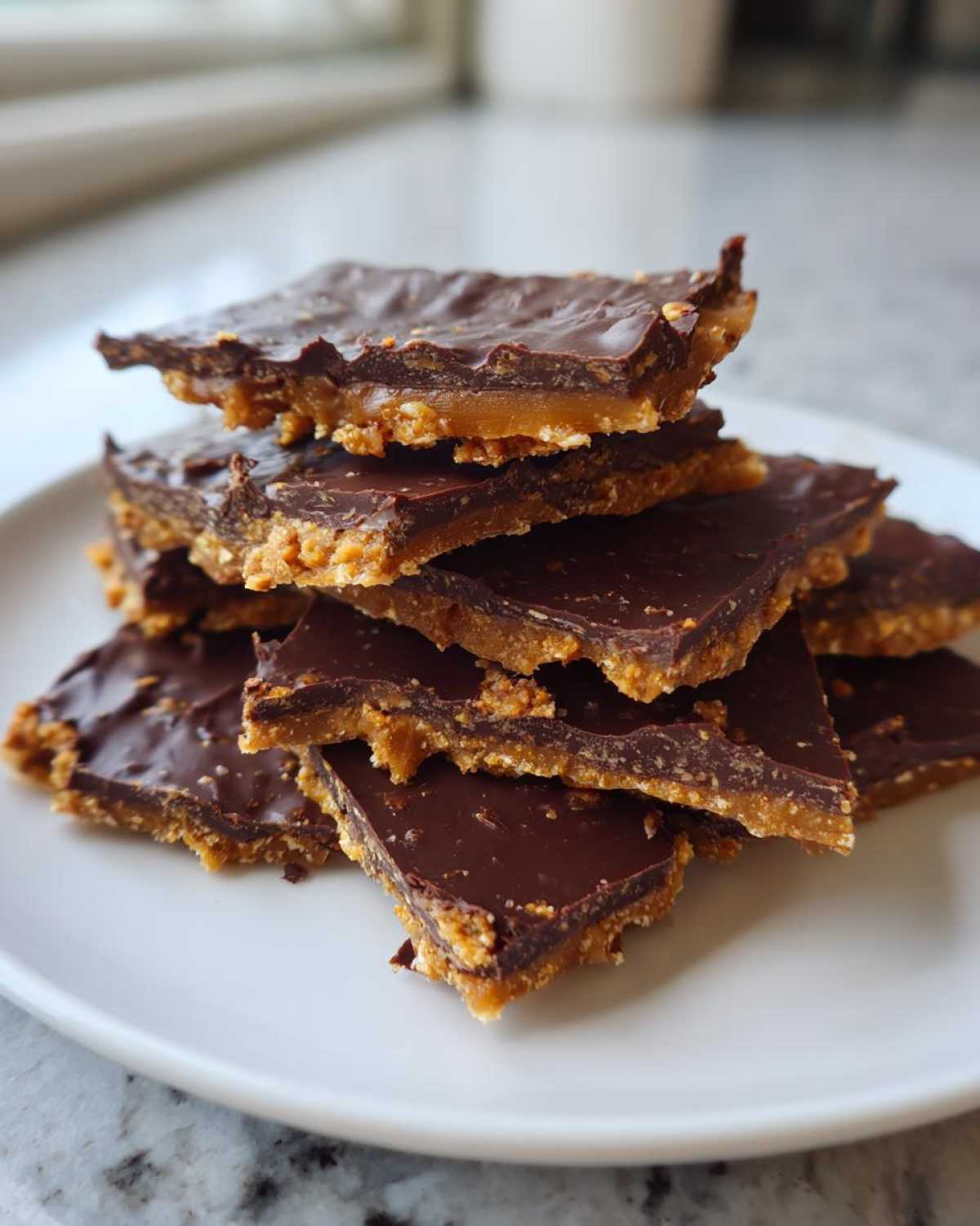 A stack of broken pieces of graham cracker toffee with a chocolate topping on a white plate.