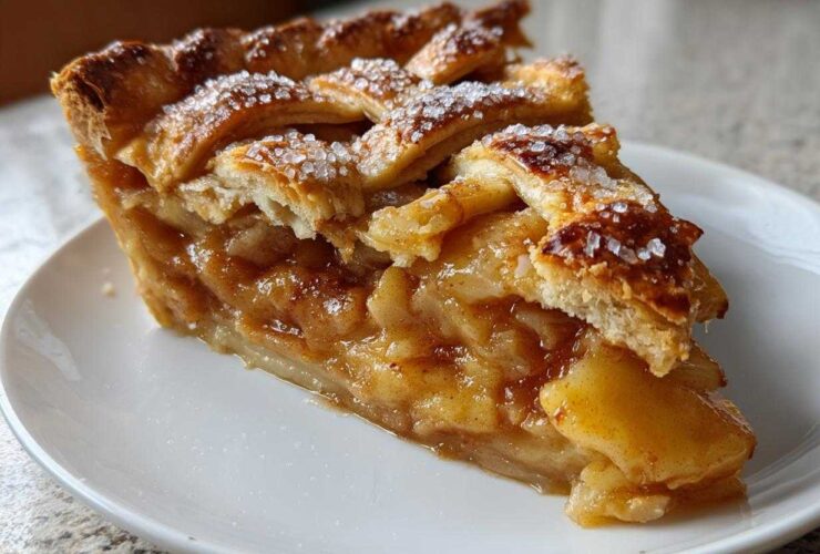 Close-up of a perfect slice of homemade apple pie showing caramelized apples and a flaky, sugared lattice crust.