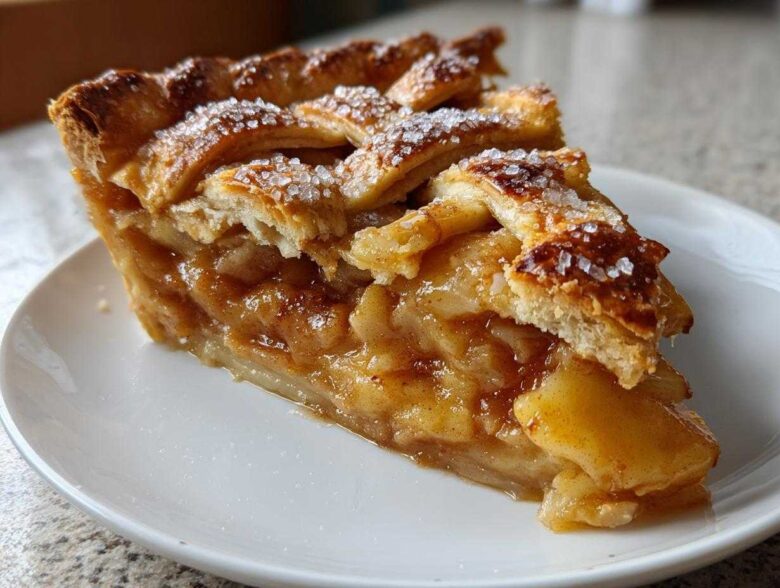 Close-up of a perfect slice of homemade apple pie showing caramelized apples and a flaky, sugared lattice crust.