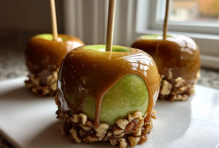 Close-up of a glossy, dripping caramel apple dipped in chopped nuts, ready to eat.