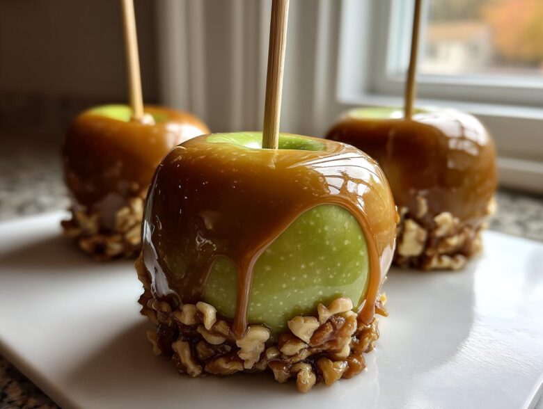 Close-up of a glossy, dripping caramel apple dipped in chopped nuts, ready to eat.