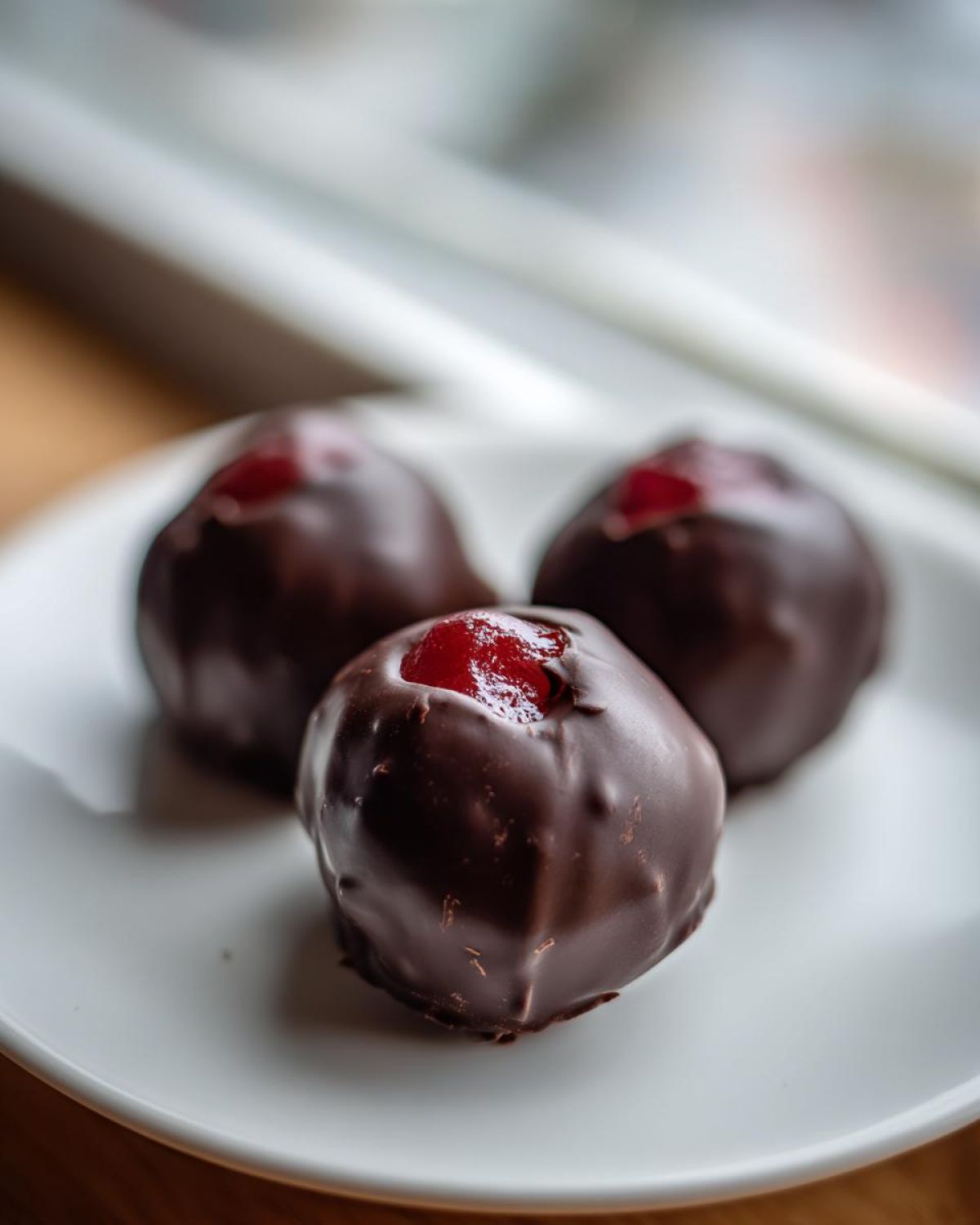 Close-up of three homemade chocolate covered cherries with visible cherry filling on a white plate.