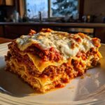 A thick, layered slice of homemade lasagna with rich meat sauce and melted mozzarella cheese on a white plate.