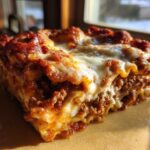 A close-up, golden-lit slice of homemade lasagna showing layers of pasta, meat sauce, and melted cheese.