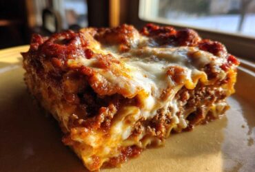 A close-up, golden-lit slice of homemade lasagna showing layers of pasta, meat sauce, and melted cheese.