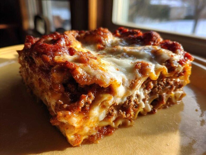 A close-up, golden-lit slice of homemade lasagna showing layers of pasta, meat sauce, and melted cheese.