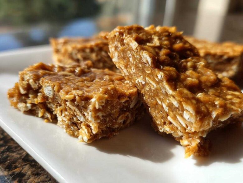 Close-up of several chewy, homemade protein bars made with oats, sitting on a white rectangular plate.