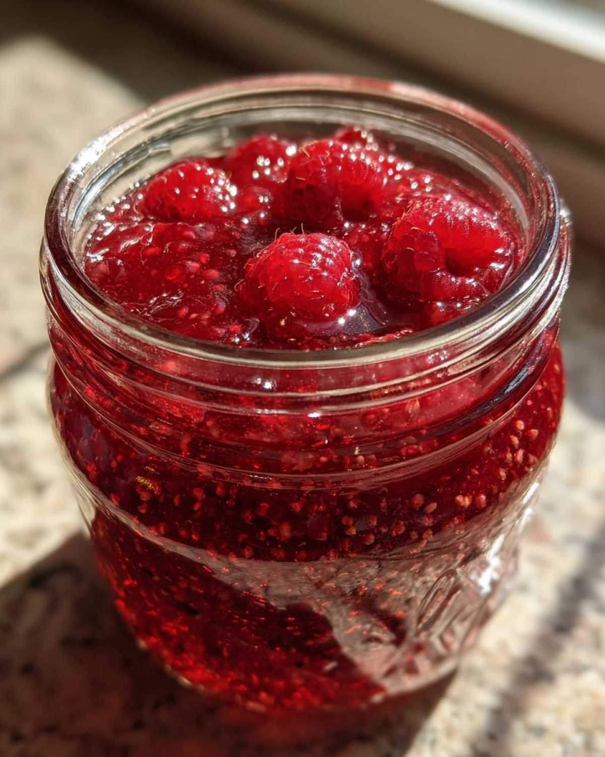 Close-up of a clear glass jar filled with glistening, bright red raspberry jam, featuring whole raspberries on top.