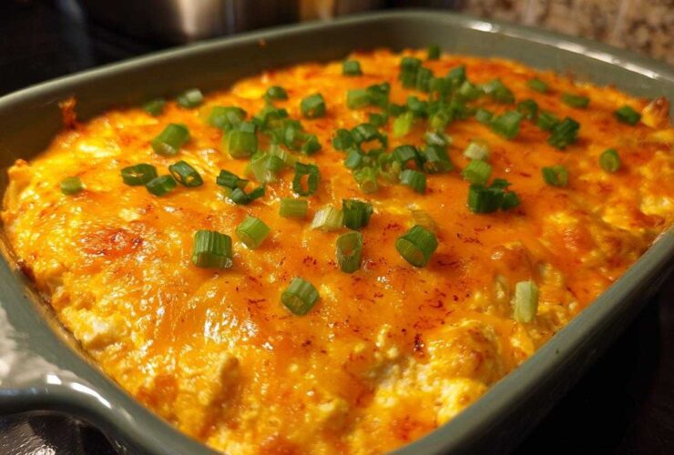 Close-up of a bubbling hot buffalo chicken dip topped with melted orange cheddar cheese and chopped green onions.