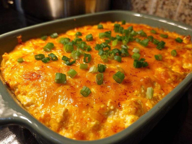 Close-up of a bubbling hot buffalo chicken dip topped with melted orange cheddar cheese and chopped green onions.