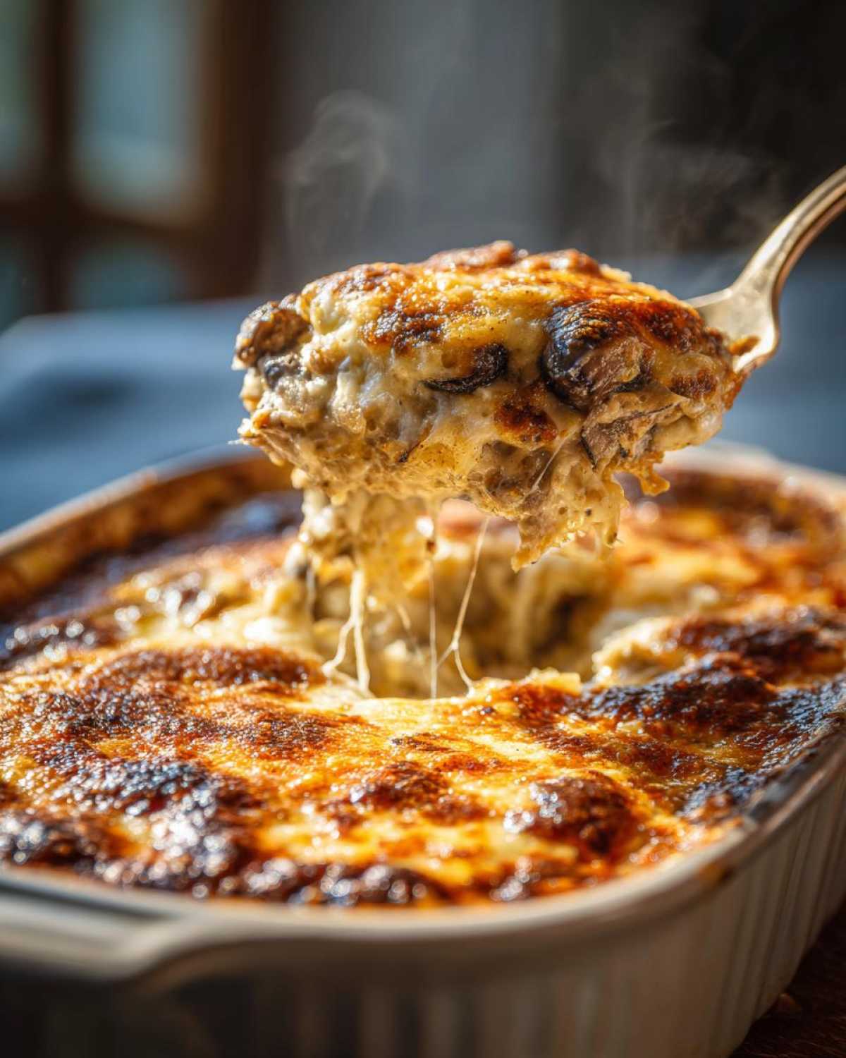 A spoonful of hot, cheesy stuffed mushroom dip being lifted from a baking dish, showing long cheese pulls.