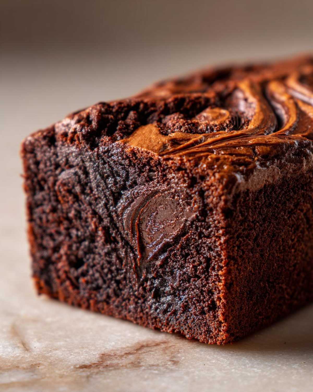 A close-up, macro shot showing the rich, dark, and moist crumb texture of hot fudge brownie bread with a swirled topping.