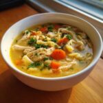 A close-up of a white bowl filled with steaming Italian penicillin soup, featuring shredded chicken, carrots, and pasta.