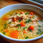A close-up bowl of comforting Italian penicillin soup featuring shredded chicken, pearl pasta, and sliced carrots, garnished with parsley.