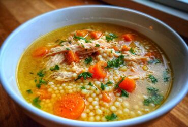 A close-up bowl of comforting Italian penicillin soup featuring shredded chicken, pearl pasta, and sliced carrots, garnished with parsley.