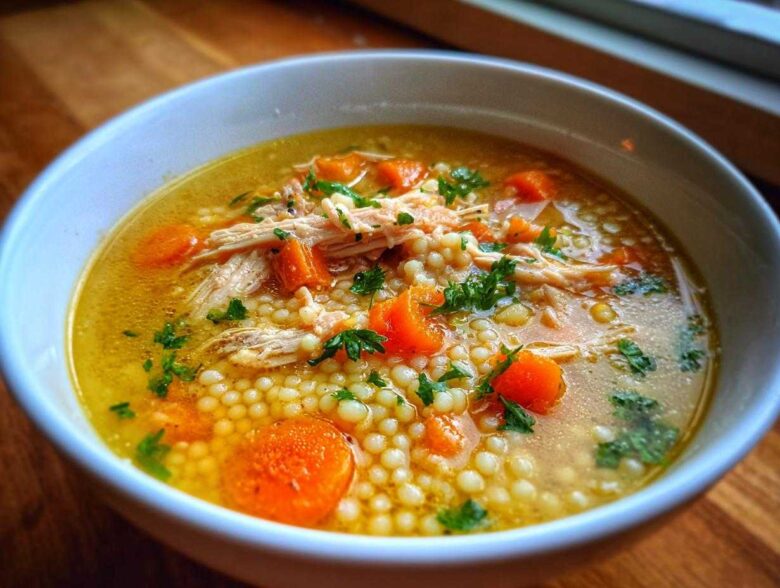 A close-up bowl of comforting Italian penicillin soup featuring shredded chicken, pearl pasta, and sliced carrots, garnished with parsley.