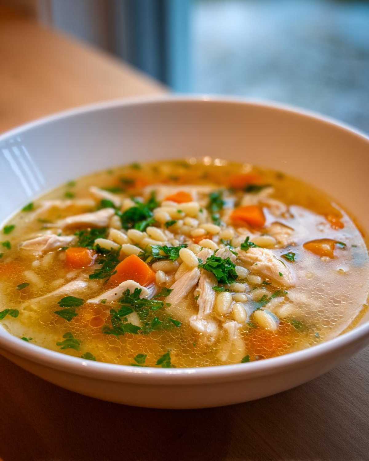 Close-up of a white bowl filled with steaming italian penicillin soup featuring shredded chicken, orzo pasta, and diced carrots.