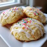 Close-up of soft Italian ricotta cookies topped with white glaze and colorful sprinkles.