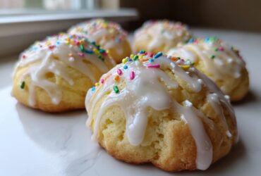 Four soft Italian ricotta cookies drizzled with white glaze and topped with colorful sprinkles.