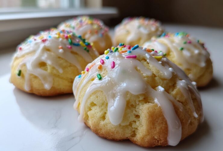 Four soft Italian ricotta cookies drizzled with white glaze and topped with colorful sprinkles.
