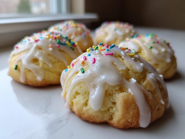 Four soft Italian ricotta cookies drizzled with white glaze and topped with colorful sprinkles.