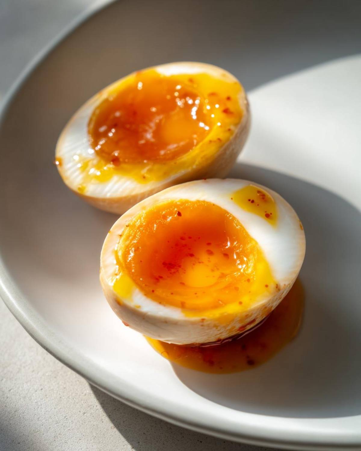 Two halves of soft-boiled marinated eggs showing bright orange, runny yolks on a white plate.