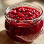Close-up of a glass jar filled with vibrant, chunky homemade raspberry jam, glistening in the sunlight.