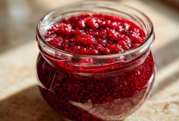 Close-up of a glass jar filled with vibrant, chunky homemade raspberry jam, glistening in the sunlight.