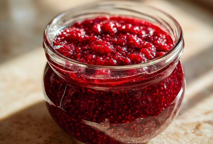 Close-up of a glass jar filled with vibrant, chunky homemade raspberry jam, glistening in the sunlight.
