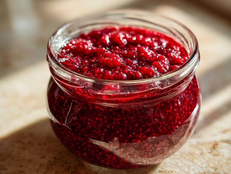 Close-up of a glass jar filled with vibrant, chunky homemade raspberry jam, glistening in the sunlight.