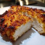 Close-up of a breaded air fryer chicken cutlet sliced in half, showing the moist white meat inside.