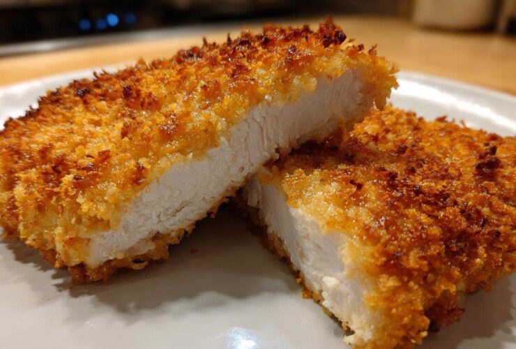 Close-up of juicy air fryer chicken breast cut in half showing white, cooked interior and crispy golden breading.