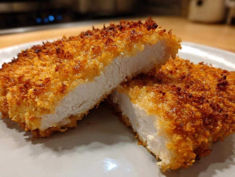 Close-up of juicy air fryer chicken breast cut in half showing white, cooked interior and crispy golden breading.