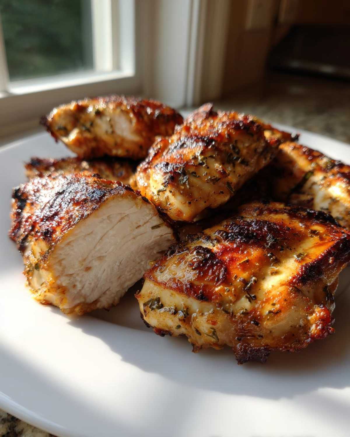 Close-up of perfectly grilled chicken pieces, one cut to show juicy interior, seasoned with herbs from the chicken marinade.
