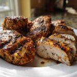 Grilled chicken breasts seasoned with herbs, one sliced to show juicy interior from the chicken marinade.