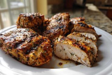 Grilled chicken breasts seasoned with herbs, one sliced to show juicy interior from the chicken marinade.