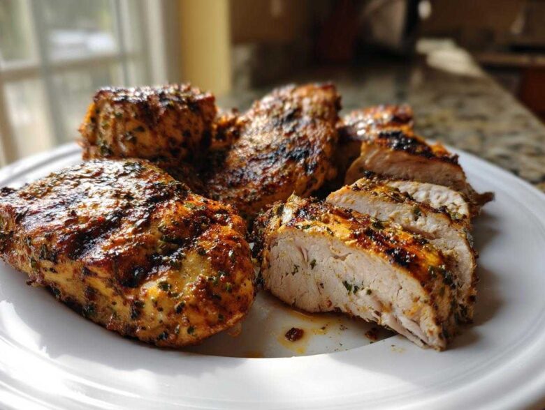 Grilled chicken breasts seasoned with herbs, one sliced to show juicy interior from the chicken marinade.