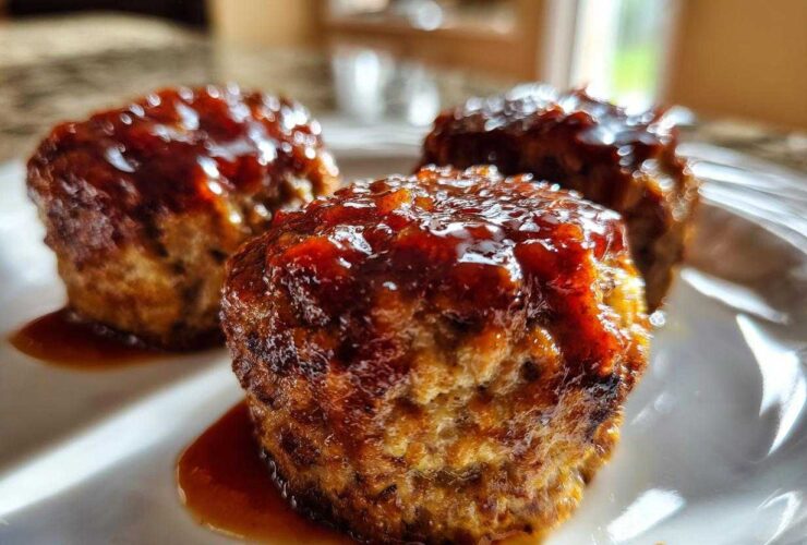Three perfectly formed mini meatloaf portions topped with a thick, shiny glaze, resting on a white plate.