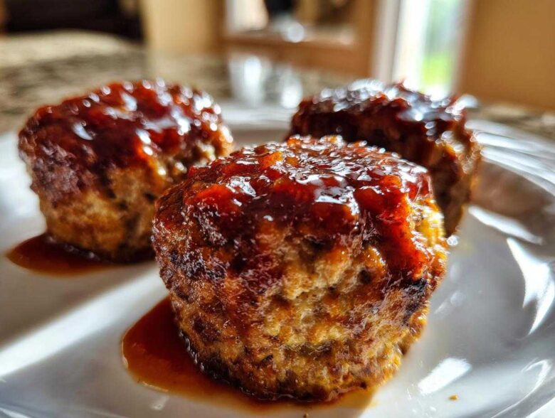 Three perfectly formed mini meatloaf portions topped with a thick, shiny glaze, resting on a white plate.