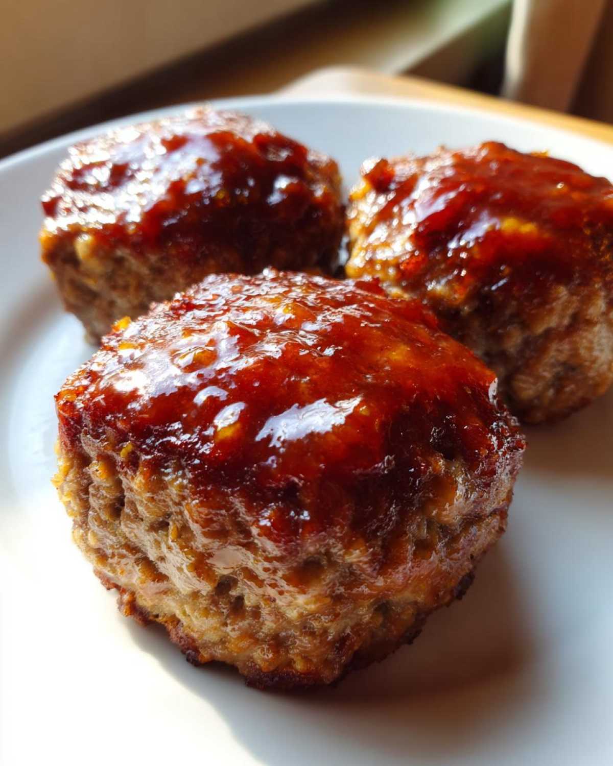 Close-up of three juicy mini meatloaf portions topped with a shiny, dark glaze, resting on a white plate.