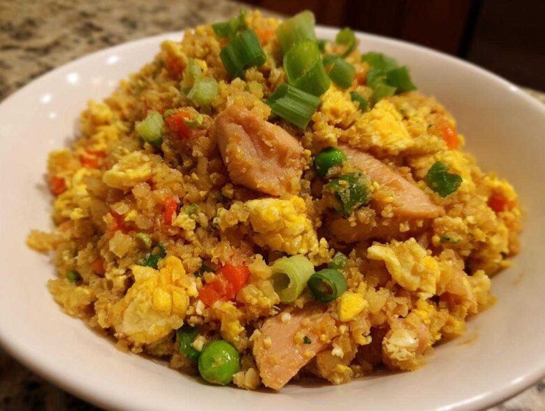 A close-up of a bowl of keto cauliflower fried rice mixed with scrambled egg, peas, carrots, and topped with green onions.