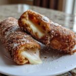 A close-up of a Korean corn dog cut in half showing a dramatic mozzarella cheese pull, dusted with sugar.