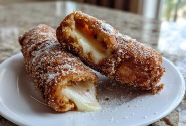 A close-up of a Korean corn dog cut in half showing a dramatic mozzarella cheese pull, dusted with sugar.
