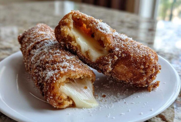 A close-up of a Korean corn dog cut in half showing a dramatic mozzarella cheese pull, dusted with sugar.